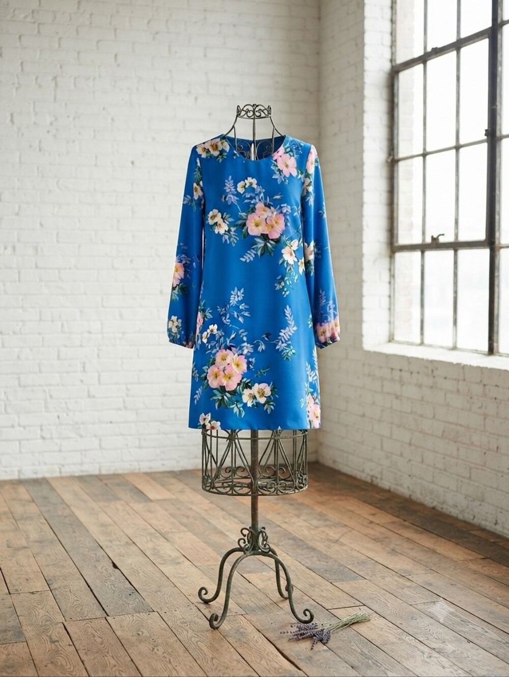 LOFT Blue Floral Long-Sleeve Mini Dress